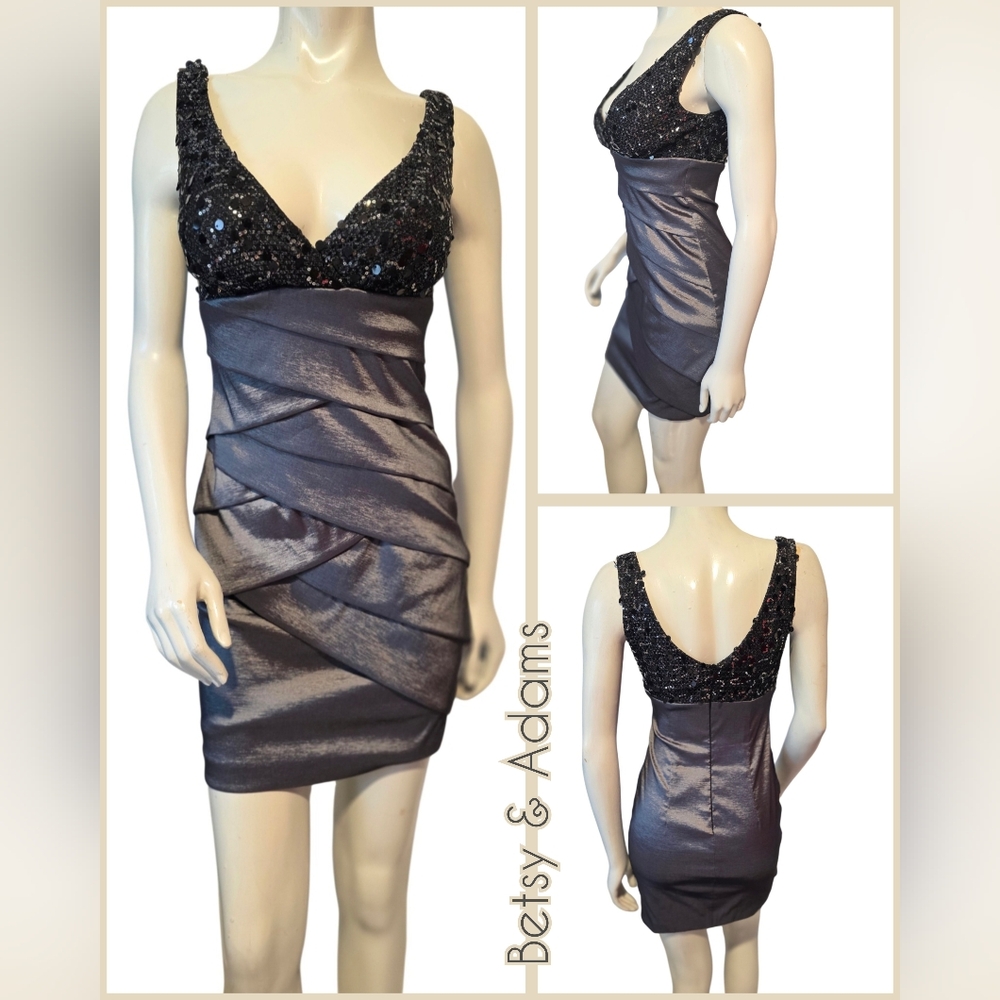 Betsy & Adam Black and Silver Sequin Cocktail Dress Size 6 Made in USA